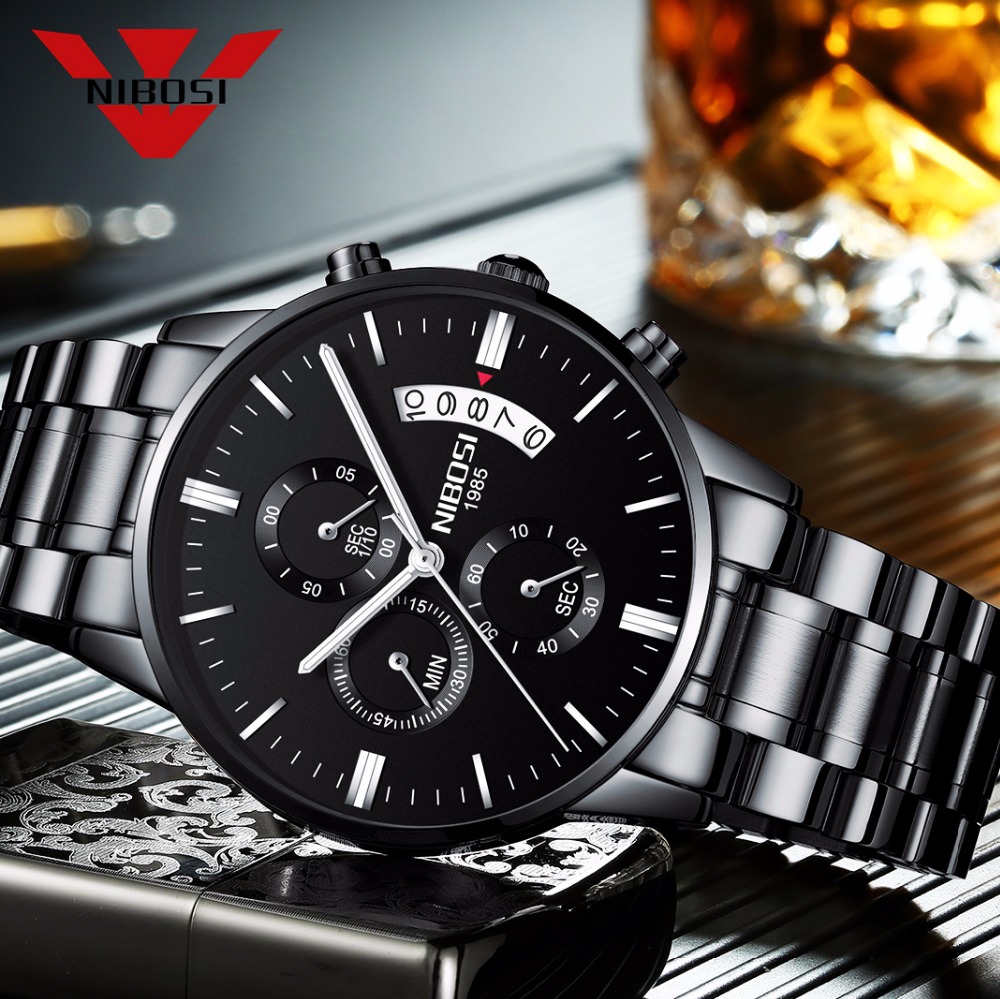 Luxury Watch Manufacturers - NIBOSI สแตนเลสสีดำนาฬิกาควอตซ์ Luxury Chronograph นาฬิกาข้อมือชาย Relogio