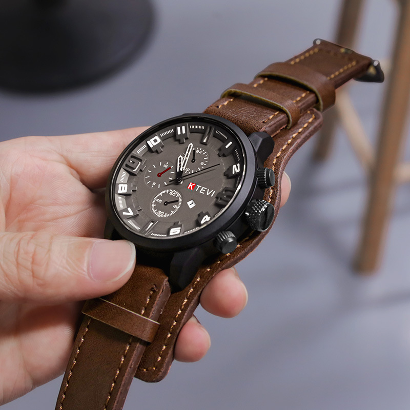 Field Watch Military - นาฬิกาผู้ชายสไตล์เรโทร คลาสสิก หรูหรา นาฬิกาควอตซ์แฟชั่น หน้าปัดใหญ่ สายหนัง