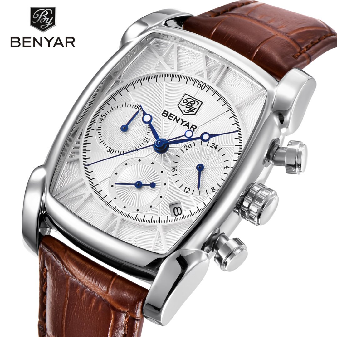 Luxury Watch German - Relógio Masculinoบุรุษยอดนาฬิกาแบรนด์หรูBENYARโครโนกราฟหนังควอตซ์นาฬิกาผู้ชายทหารกีฬาสี่เหลี่ยมผืนผ้านาฬิกาข้อมือ