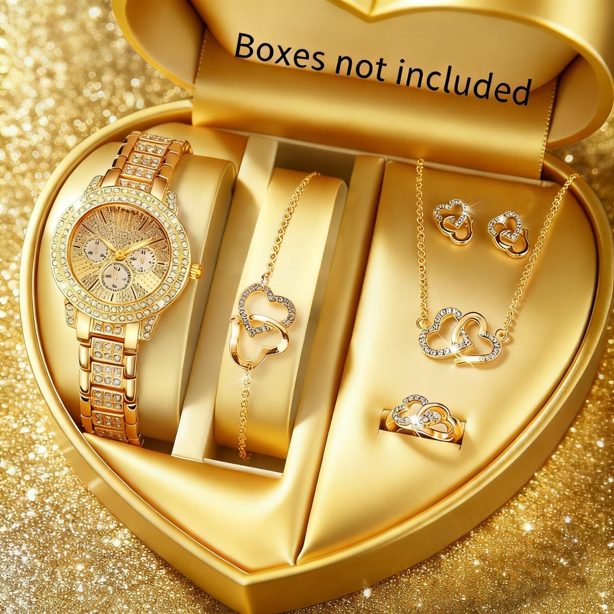 Luxury Watch Kit - ชุดนาฬิกาข้อมือผู้หญิงหรูหราประดับเพชรเทียม 6 ชิ้น พร้อมสายโลหะผสม แฟชั่น ควอตซ์