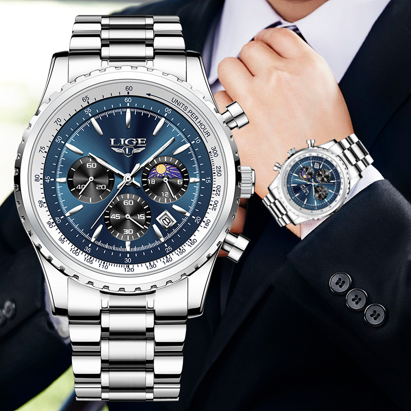 Luxury Watch Manufacturers - นาฬิกาควอทซ์หรูหราแบรนด์ Lige สำหรับผู้ชายเฟสดวงจันทร์นาฬิกาข้อมือสแตนเลสสำหรับผู้ชายลำลองวันที่กันน้ำสำหรับกีฬาพิเศษ