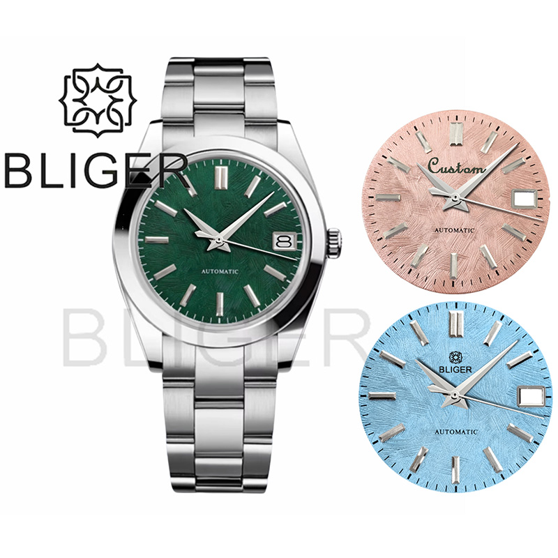 Luxury Watch German - BLIGER 36mm39mm โลโก้ที่กำหนดเองสีเขียวนาฬิกาซากุระสีชมพูไอซ์บลูหน้าปัดกระจกแซฟไฟร์กันน้ำ NH35 การเคลื่อนไหวอัตโนมัติ