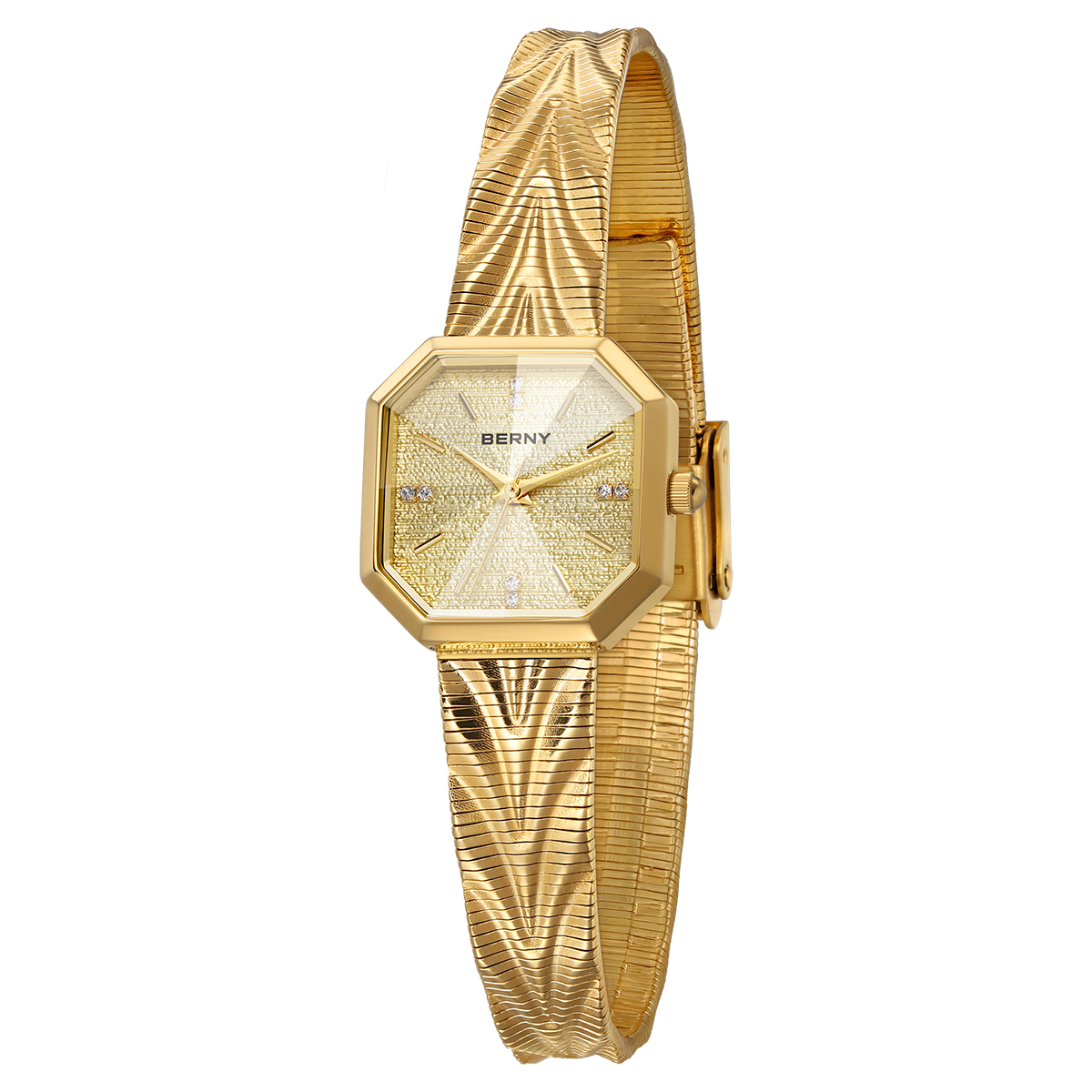 Luxury Watch Female - BERNY Gold นาฬิกาสําหรับผู้หญิง Grit Dial แปดเหลี่ยมสุภาพสตรีนาฬิกาข้อมือควอตซ์สแตนเลสผู้หญิงขนาดเล็ก