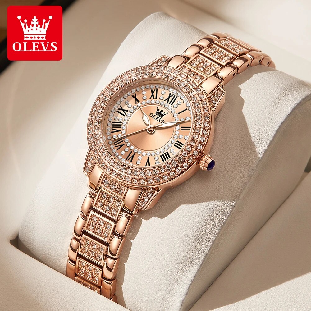 Luxury Watch Female - OLEVS 9943นาฬิกาควอทซ์เพชรออริจินอลสำหรับผู้หญิงหรูหราสแตนเลสทองกุหลาบกันน้ำนาฬิกาข้อมือสุภาพสตรี