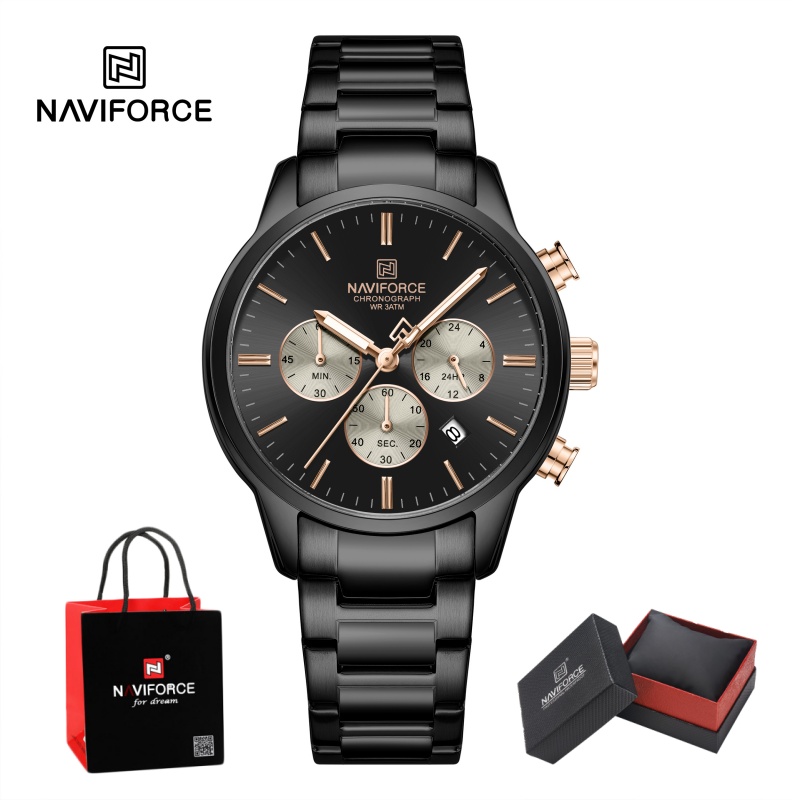 Luxury Watch And Bracelet - นาฬิกาข้อมือผู้ชาย NAVIFORCE ระบบควอตซ์โครโนกราฟ กันน้ำ แสดงวันที่ สายเหล็ก