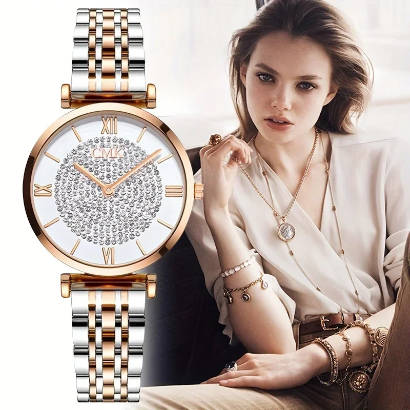Luxury Watch Vintage - นาฬิกาควอตซ์หน้าปัดตัวเลขโรมันแนววินเทจสุดหรูพร้อมตัวชี้กลมตกแต่งด้วยพลอยเทียมและสายรัดเหล็กสแตนเลส