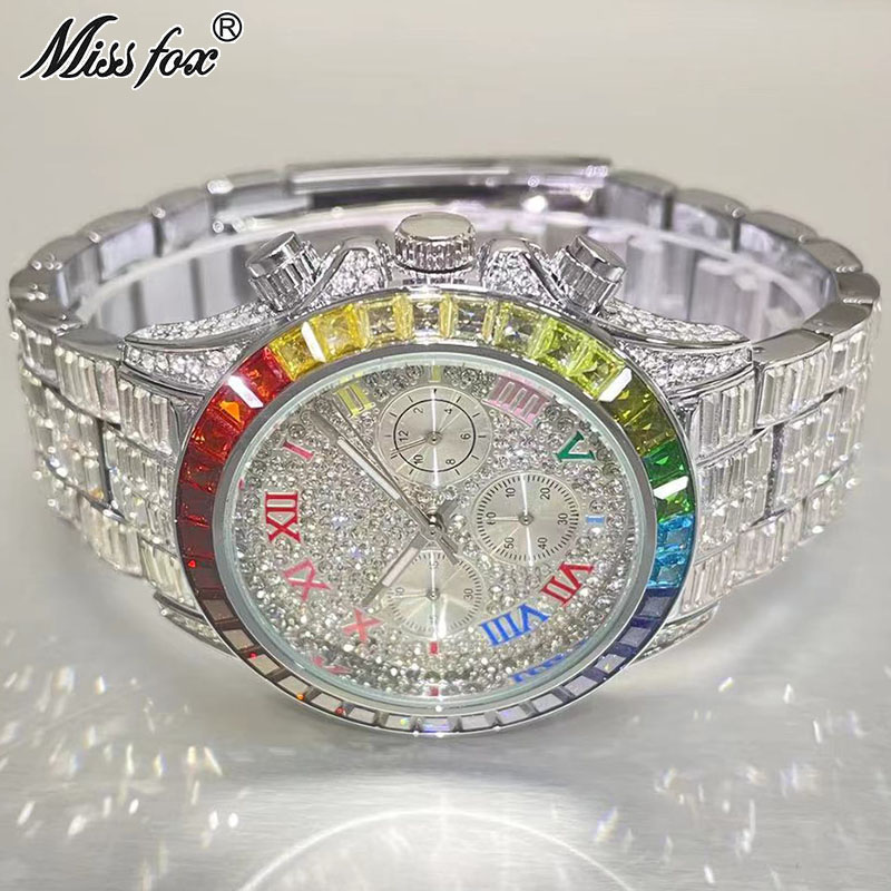 Luxury Watch Manufacturers - MISSFOX Luxury Iced นาฬิกาผู้ชายแฟชั่นแบรนด์กันน้ำนาฬิกาควอตซ์ Rainbow สี่เหลี่ยมผืนผ้าเพชรนาฬิกาข้อมือของขวัญ