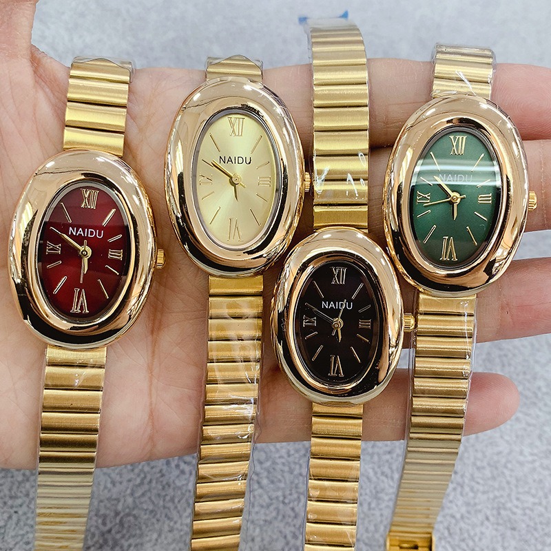 Luxury Watch Female - นาฬิกาควอตซ์ผู้หญิงทรงรีสีทองแบรนด์หรู แฟชั่นลำลอง สายเหล็ก นาฬิกาข้อมือสุภาพสตรี ของขวัญสำหรับผู้หญิง ดรอปชิปปิ้ง