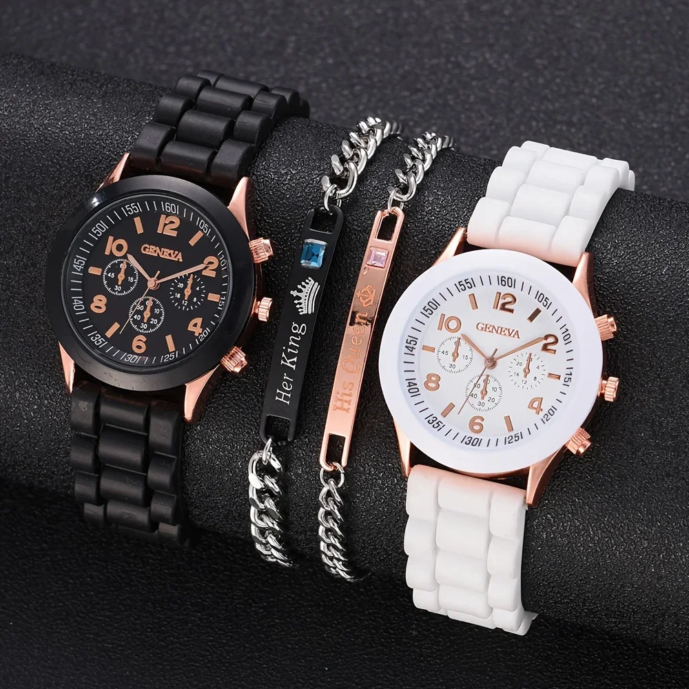 Luxury Watch Kit - 2 ชิ้นผู้หญิงหรูหราชุดนาฬิกาแฟชั่นหรูหราหรูหราโลหะผสมนาฬิกาข้อมือสายซิลิโคนคู่นาฬิกาผู้ชายควอตซ์วันหยุดของขวัญ