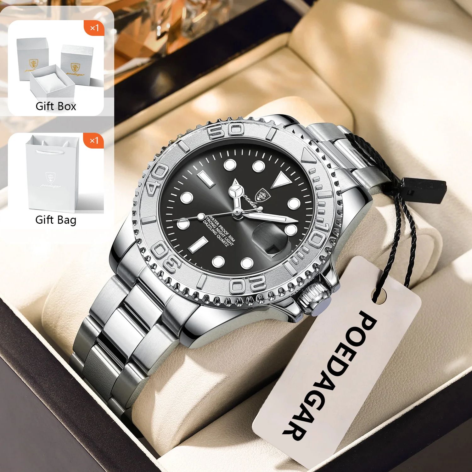 Luxury Watch And Bracelet - POEDAGAR อินเทรนด์กีฬาผู้ชายนาฬิกาส่องสว่างกันน้ําสแตนเลสวันที่ผู้ชายนาฬิกาข้อมือหรูหราธุรกิจผู้ชายควอตซ์นาฬิกา + กล่อง