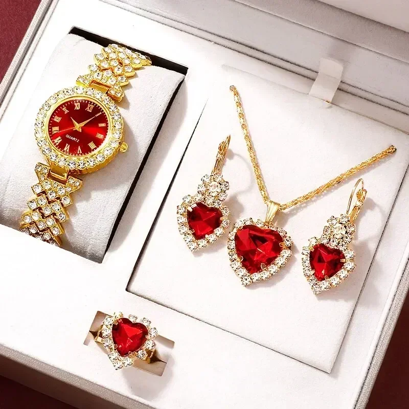 Luxury Watch Kit - นาฬิกาหรูหราทองผู้หญิงแหวนสร้อยคอต่างหูพลอยเทียม Fashion Jam Tangan สร้อยข้อมือผู้หญิงลำลองนาฬิกาชุดเครื่องประดับ