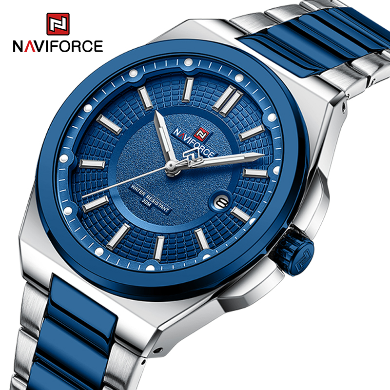 Field Watch Military - NAVIFORCE นาฬิกาควอทซ์ผู้ชายแฟชั่นธุรกิจ 30M กันน้ำสายสแตนเลสแสดงวันที่แบบพับได้ทนทานนาฬิกาข้อมือ
