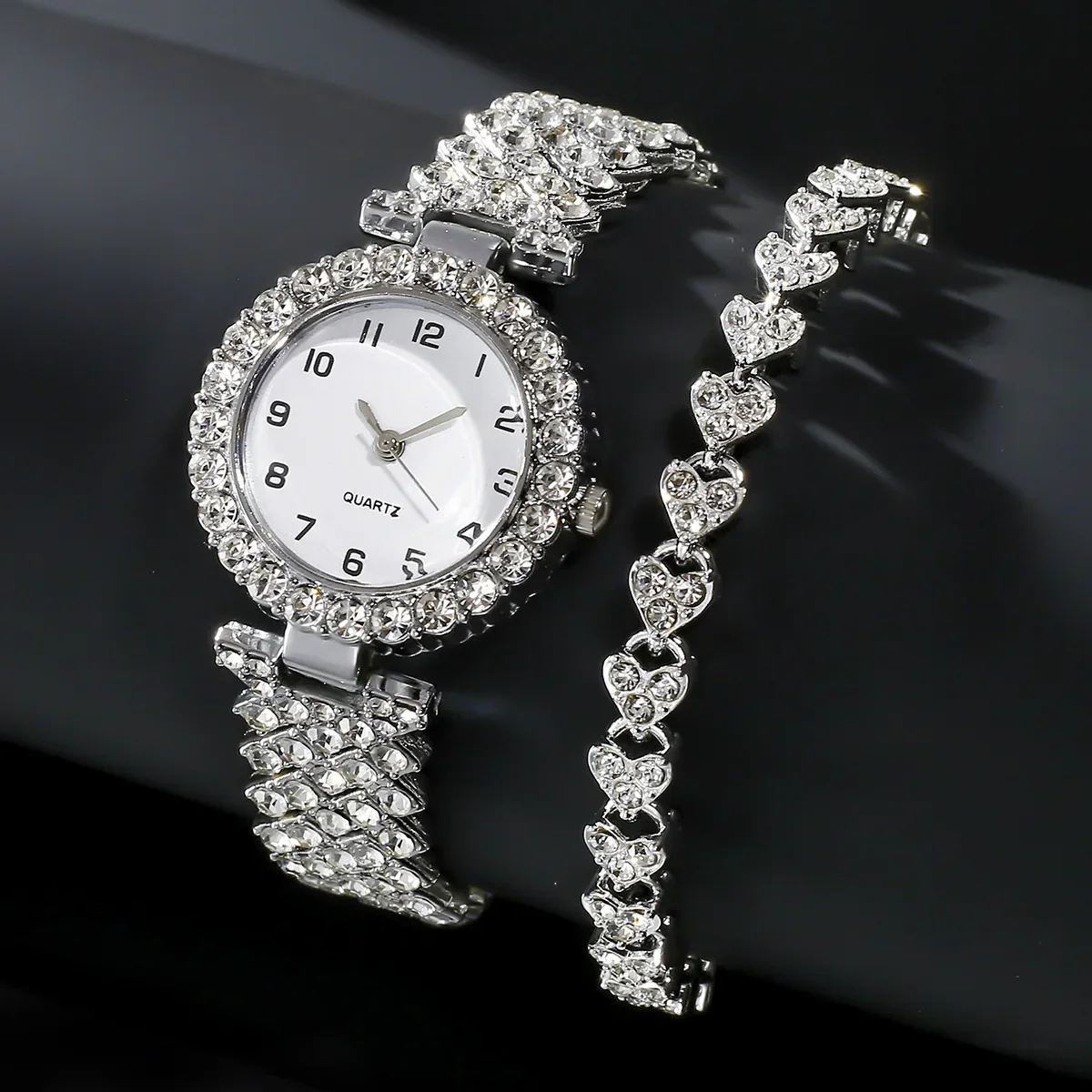 Luxury Watch Kit - ชุดนาฬิกาข้อมือแฟชั่นหรูหราสำหรับผู้หญิง 1 ชิ้น/2 ชิ้น สายสีเงิน นาฬิกาควอตซ์