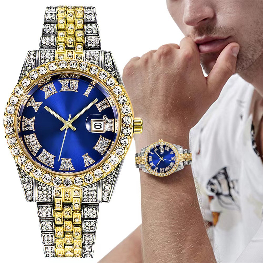 Luxury Watch Iceberg - นาฬิกาข้อมือผู้ชายสุดหรูสไตล์ฮิปฮอป สแตนเลสสตีล สีทอง พร้อมปฏิทิน ประดับเพชรเทียมเต็มหน้าปัด