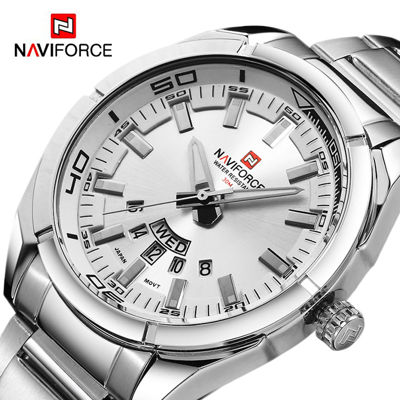 Field Watch Military - NAVIFORCE นาฬิกาข้อมือผู้ชายแบรนด์ดัง นาฬิกาควอตซ์กันน้ำ สายสแตนเลส ดีไซน์ลำลอง พร้อมฟังก์ชั่นวันที่