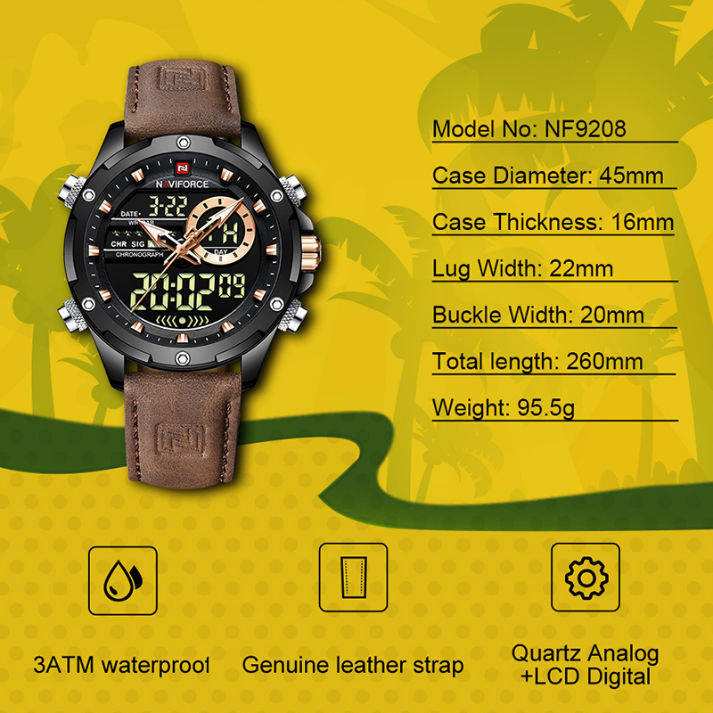 Field Watch Military - ใหม่ NAVIFORCE นาฬิกาผู้ชายควอตซ์โครโนกราฟธุรกิจหนังแท้แบรนด์หรูส่องสว่างนาฬิกาข้อมืออนาล็อกดิจิตอลชายนาฬิกา
