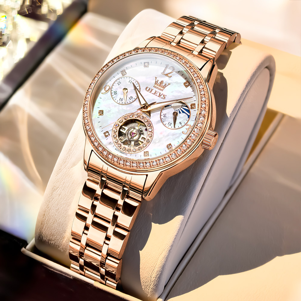 Luxury Watch And Bracelet - OLEVS นาฬิกาผู้หญิงแบรนด์ชั้นนำหรูหราแฟชั่นเหล็กอย่างดีต้นฉบับนาฬิกาข้อมือกลไกอัตโนมัติสร้อยคอสร้อยข้อมือกล่องของขวัญ
