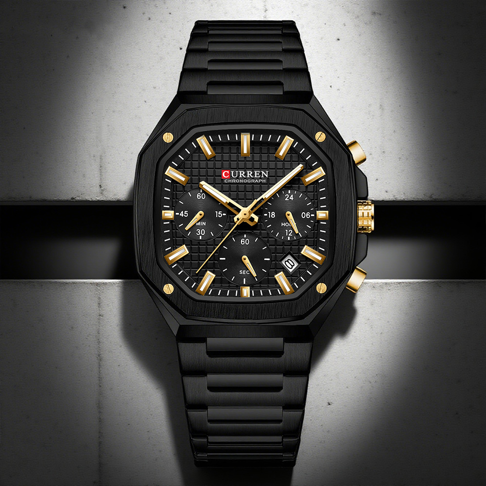 Luxury Watch And Bracelet - CURREN นาฬิกาโครโนสแควร์สุดหรูสำหรับผู้ชายดีไซน์คลาสสิกสีทองบนหน้าปัดสีดำแฟชั่นนาฬิกาข้อมือควอตซ์มือส่องสว่าง