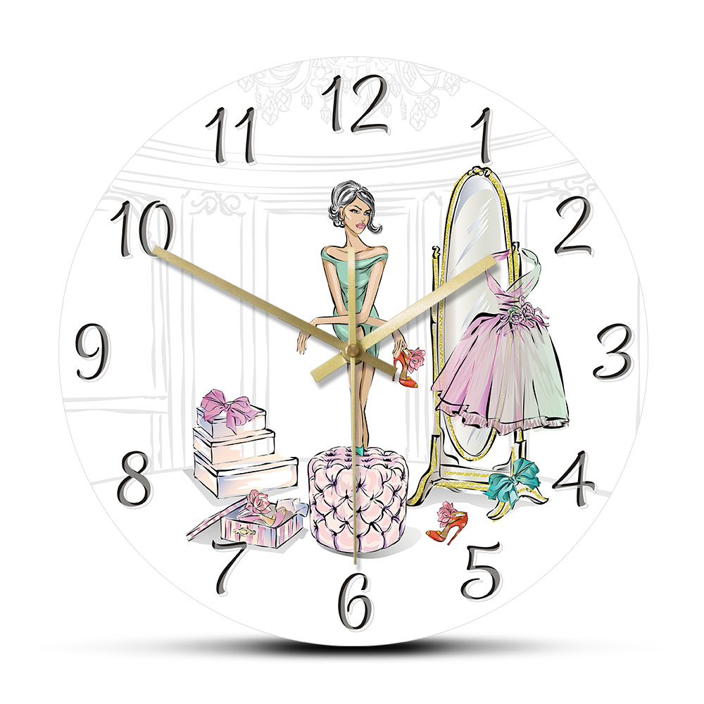 Luxury Watch Boutique - นาฬิกาแขวนผนังเงียบ ดีไซน์หรูหรา สำหรับสาวแฟชั่น ตกแต่งบ้าน ร้านขายรองเท้า บูติก