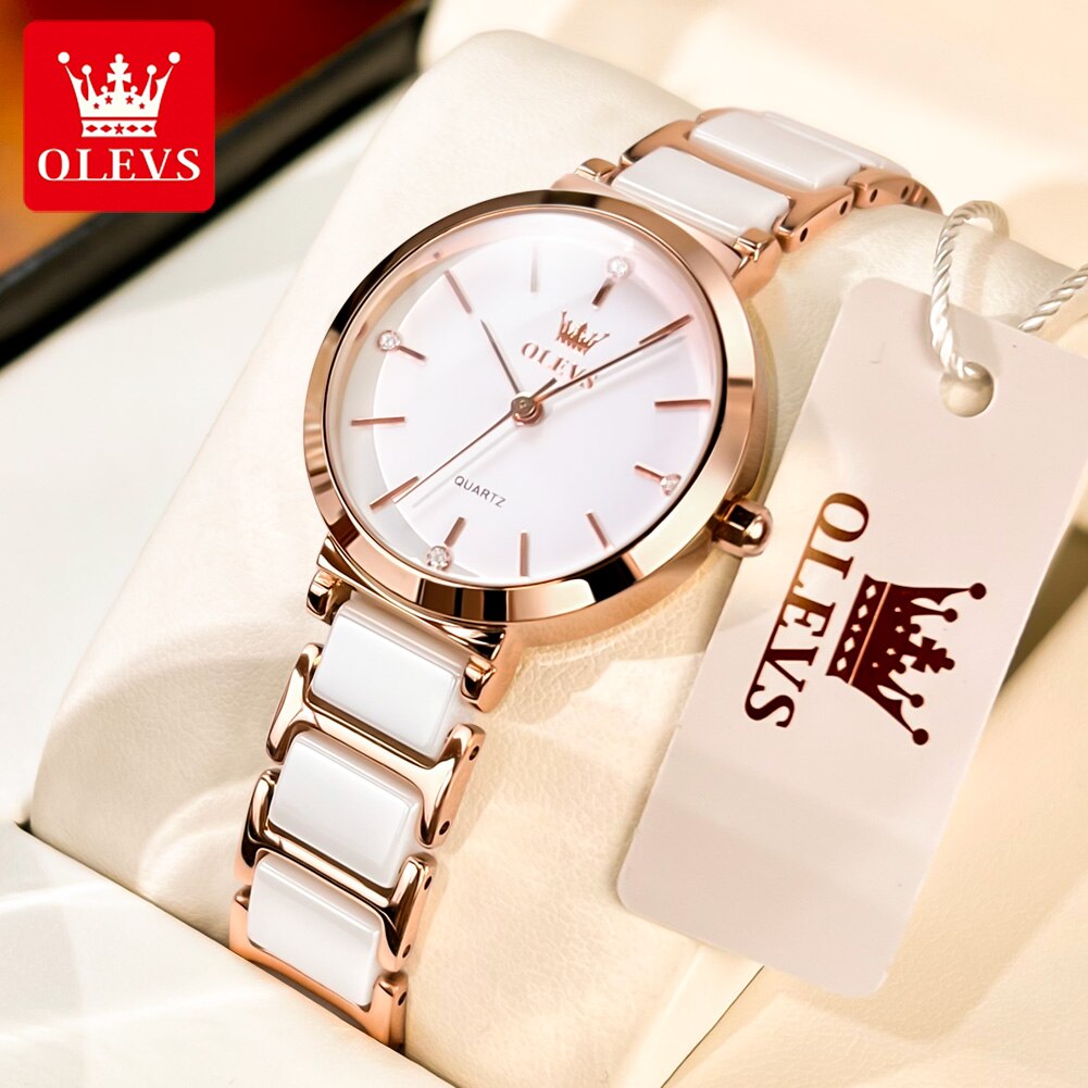 Luxury Watch Female - OLEVS นาฬิกาผู้หญิงแฟชั่น relogio feminino นาฬิกาหรูสีโรสโกลด์สำหรับสุภาพสตรีนาฬิกาข้อมือควอตซ์สายเซรามิคนาฬิกา reloj